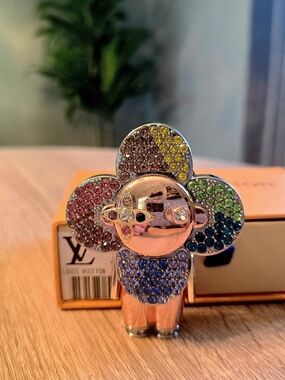 Multicolor Gold & Crystal Mascot Charm - Rainbow Flower Keychain-Rare!